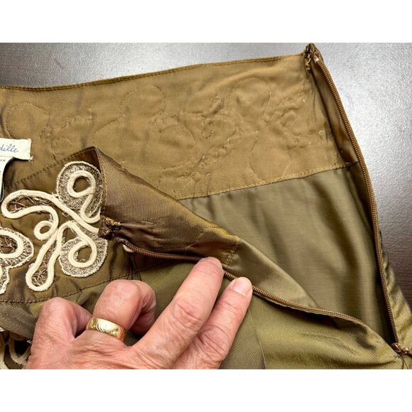 Anthropologie ODILLE Olive Green Preppy Indie Embroidered A-Line Skirt Sz 4 - Picture 6 of 7